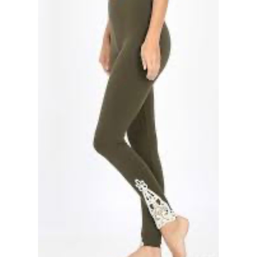 Zenana Signature Olive Green Lace Crochet Trim Leggings Large